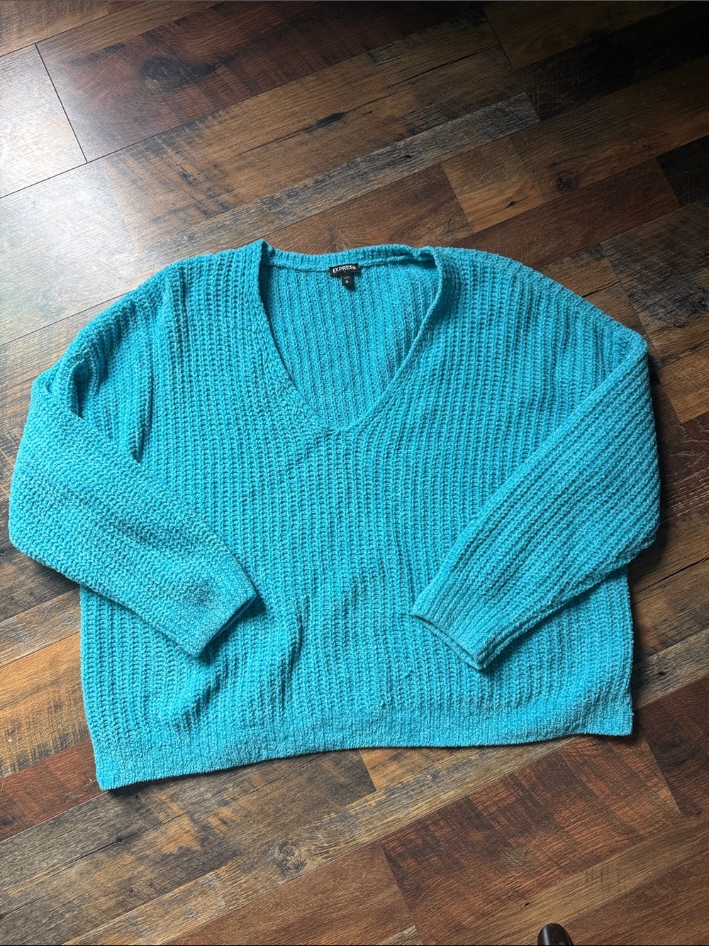 Express Teal Chunky Ribbed V-Neck Sweater